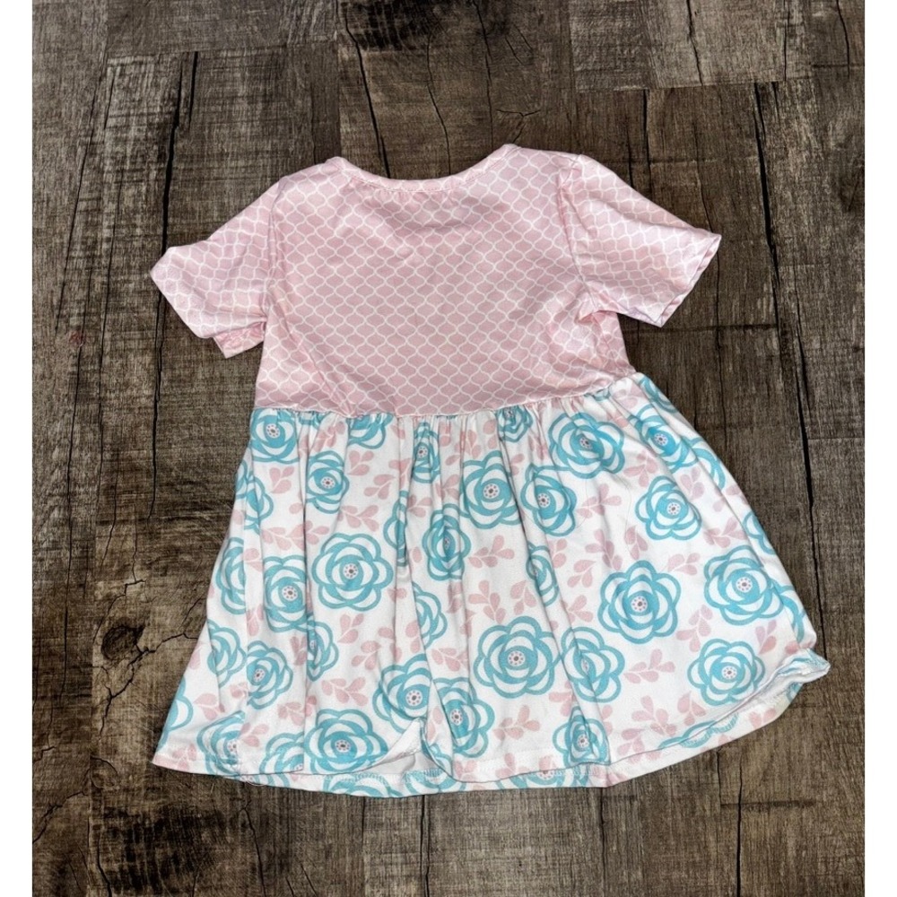 Kids Pink Blue Floral Lattice Print Short Sleeve Pocket Dress Mixed Pattern - Picture 4 of 4